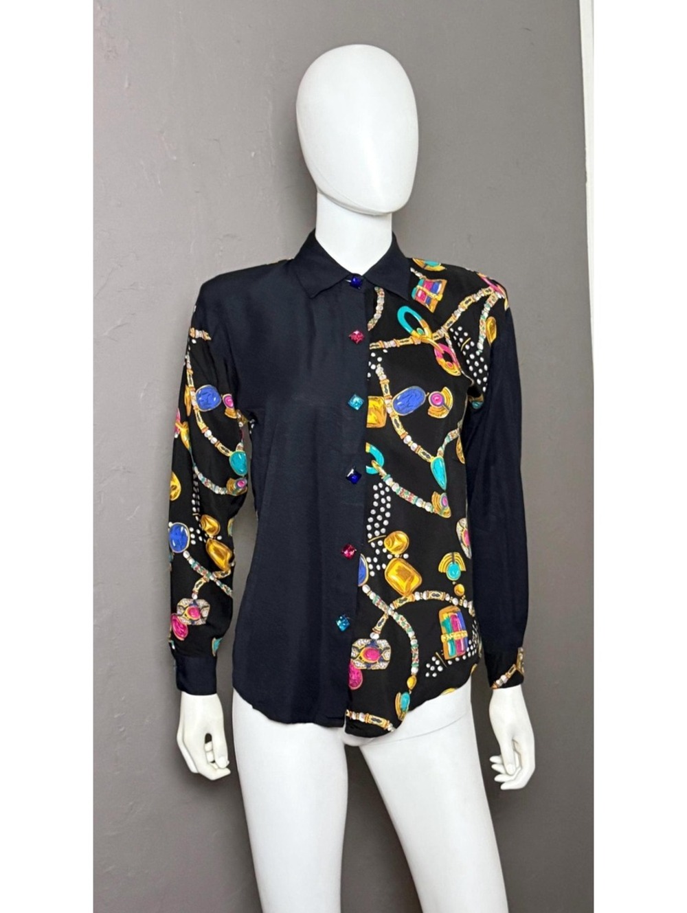 1980's Color Blocked Glam Jewel Print Blouse with Jewel Buttons + Shoulder Pads